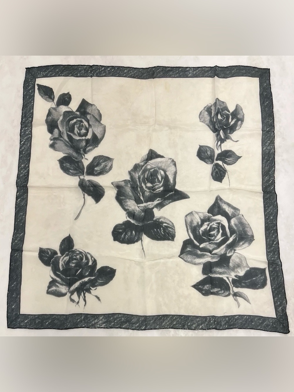 Vintage Square Scarf Roses Floral Black Ivory Sheer 30” X 30” Beige